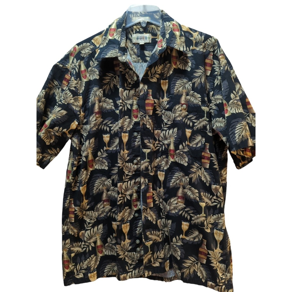 Campia men button front L large tropical beer cocktails Hawaiian shirt black vtg